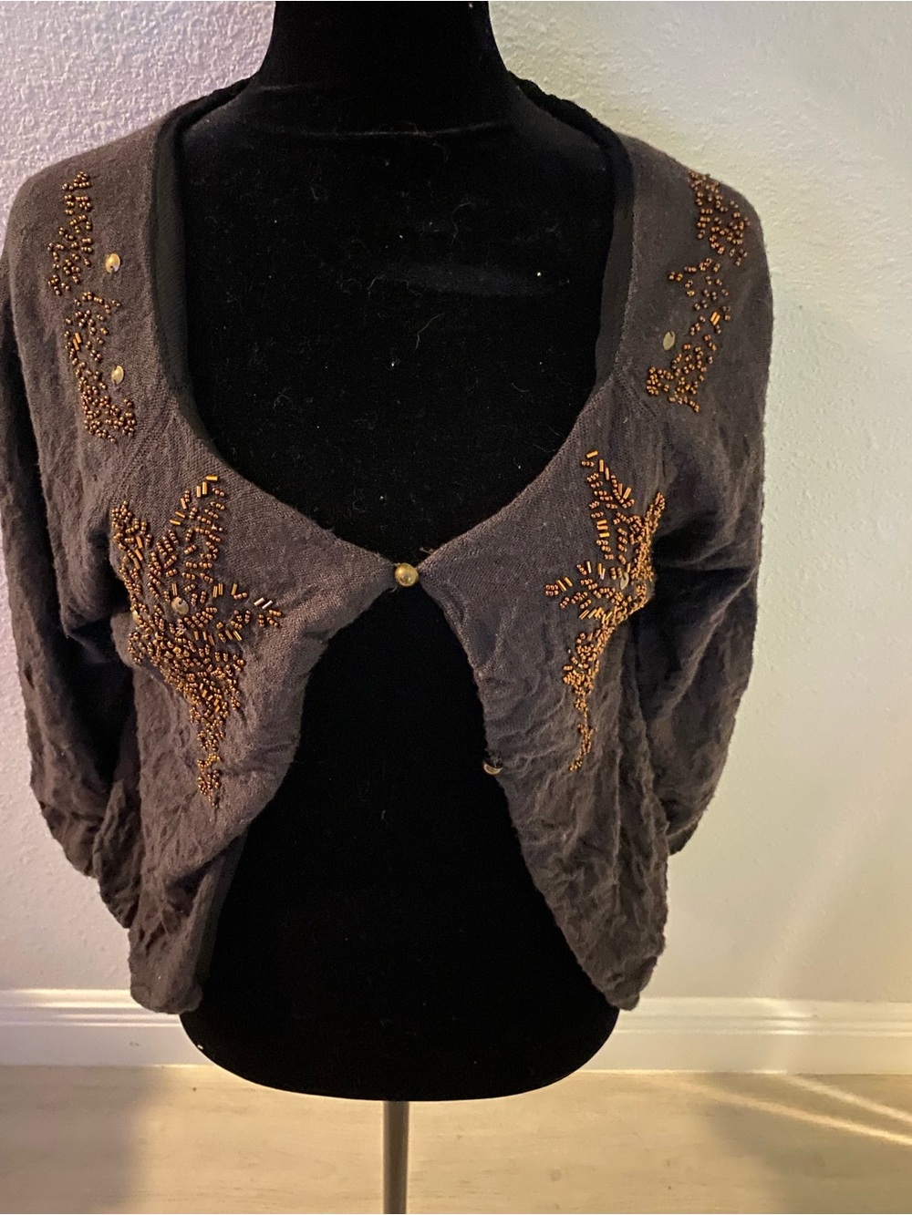 Free People Charcoal Gray Beaded Open-Front Cardigan